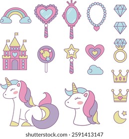 A collection of cute and kitschy fairy tale unicorn and princess toy illustrations