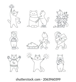 Colección de gatitos lindos celebrando las vacaciones de invierno. Cómodas ilustraciones de gatos blancos graciosos que sostienen decoraciones navideñas, haciendo muñecos de nieve, bebiendo bebidas calientes.