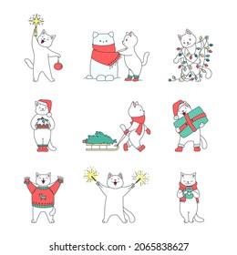 Collection of cute kittens celebrating winter holidays. Cozy illustrations of funny white cats holding Christmas decorations, making snowman, drinking hot beverage ets.