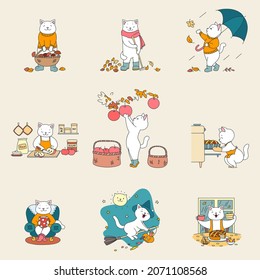 Collection of cute kittens enjoying fall season. Autumn illustrations of cute cats walking with umbrella, drinking hot beverage, picking mushrooms and raking leaves. 