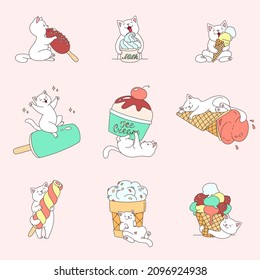 Collection of cute kittens with ice cream. Cute illustrations of white cats enjoying an ice cream. Vector 10 EPS.