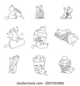 Collection of cute kittens with ice cream. Cute illustrations of white cats enjoying an ice cream isolated on a white background. Vector 10 EPS.