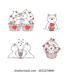 Collection of cute kittens in love. Doodle illustrations of kawaii white cats. St. Valentine day stickers set. Vector 10 EPS.