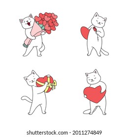 Collection of cute kittens in love. Doodle illustrations of kawaii white cats. St. Valentine day stickers set. Vector 10 EPS.