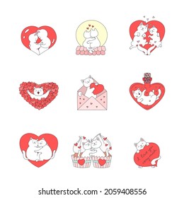 Collection of cute kittens in love. Doodle illustrations of kawaii white cats and hearts. St. Valentine's day set. 