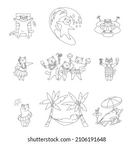 Collection of cute kittens on summer vacation. Illustrations of funny white cats enjoying the sea. Vector 10 EPS.