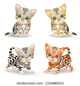 Collection of cute kittens (red and gray), cartoon on white background, vector