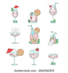 Collection of cute kitties with cocktails. Funny cats playing in cocktail glasses decorated with ice cubes, mint leaves, cocktail tube, cherry  and umbrella. Vector illustration 10 EPS.