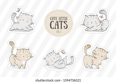 Collection of cute kitty cats baby animal. Hand drawn kittens cartoon character stickers design vector illustration.