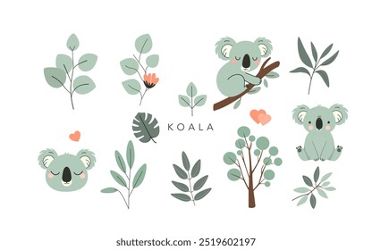 Collection cute koala illustration with leaves, hearts and branches. Perfect for kids designs and playful decor and stickers, home decor, magazines, children clothes 