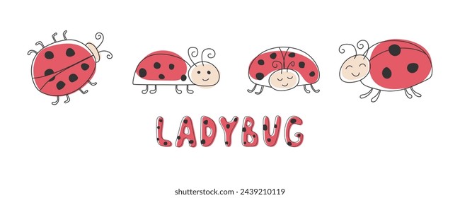 Collection of cute Ladybug Beetles. Doodle funny insect. Outline hand drawn ladybird isolated on white. Smiling character for design children's book, coloring books, patterns