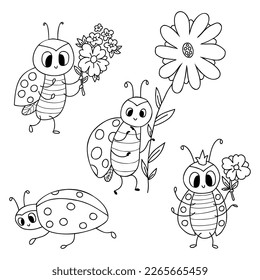 Collection cute ladybug. Funny small insect with flower. Vector illustration. Outline drawing. Isolated doodles ladybird for design, decor, kids collection, coloring book