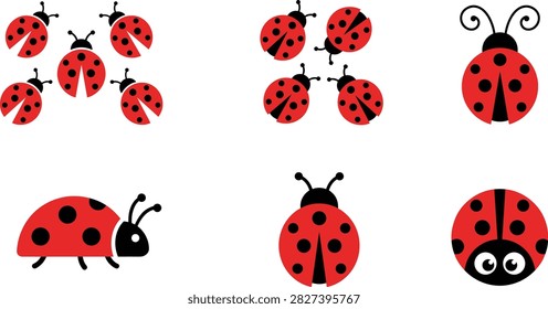 Collection of cute ladybug illustrations in various styles and poses representing nature, insects, and playful design concepts