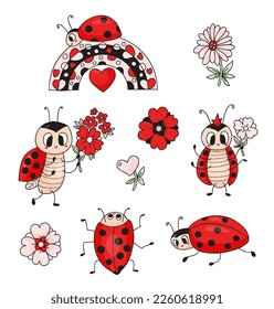 Collection cute ladybug. Insect ladybird with flowers and rainbow. Vector isolated drawings for kids collection, design, print.