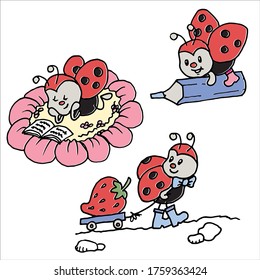 Collection of cute ladybugs with flower, strawberry, crayon. For education or coloring book. Cartoon set. EPS10 vector file.