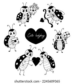 Collection cute ladybugs. loving pair insects with heart, with bouquet of flowers and letter, and ladyladybird bug cupid with arrow.s. Vector illustration. Isolated hand drawings doodle