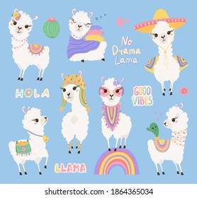 Collection of cute lamas and cacti, lettering in pastel colors. Funny baby animals. Set of Alpaca for your child's room design. Vector illustration - Shutterstock ID 1864365034