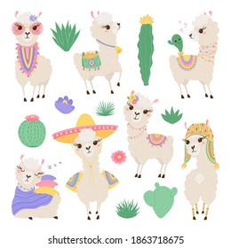 Collection of cute lamas and cacti in pastel colors. Funny baby animals. Set of Alpaca for your child's room design. Vector illustration