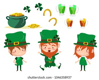 Collection of Cute Leprechaun cartoon for Saint Patrick's Day.Girl and Boy with Glass of beer, pot of gold and symbol of luck shamrock, isolated on for poster, greeting card, party. banner other users
