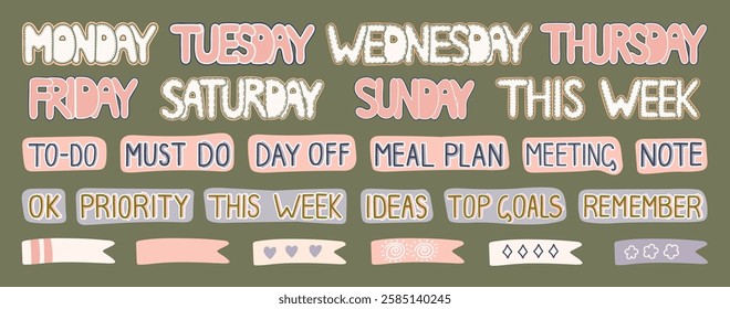 Collection of cute lettering and highlights for planners and bullet journaling. Stickers for daily and weekly planners and routine organization. Vector.