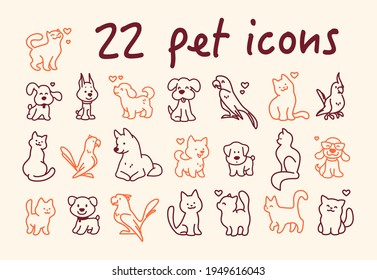 Collection of cute line art pet icons – cat, dog and parrot characters isolated on light background. Vector flat illustration. For shelter emblems, veterinary logo, children decor.