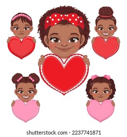 Collection of Cute little American African Girls Holding Red and Pink Hearts, Happy Kids Celebrating Valentine s Day Vector Illustration