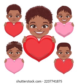 Collection of Cute little American African Boys Holding Red and Pink Hearts, Happy Kids Celebrating Valentine s Day Vector Illustration