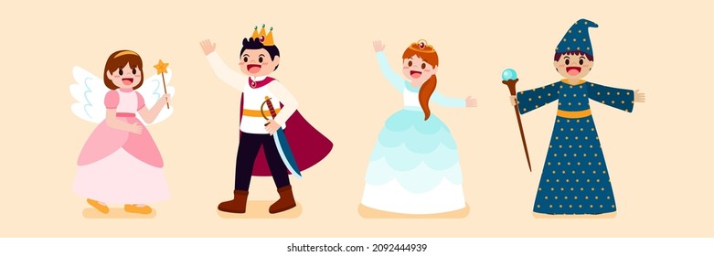 Collection of cute little angle, wizard, princes and princesses. Bundle of happy children dressed in fairy tale theme, vector illustration