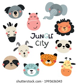 A collection of cute little animal faces. Children's illustration. Vector isolates on a white background. Jungle city.