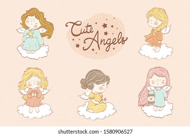 Collection of cute little baby girl angels characters staying or sitting on the clouds. Hand drawn stickers or icons design vector illustration.