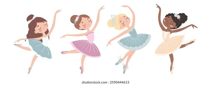 Collection of cute little ballerinas in different poses. Cute illustration in children's style. Vector illustration.