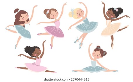 Collection of cute little ballerinas in different poses. Cute illustration in children's style. Vector illustration.