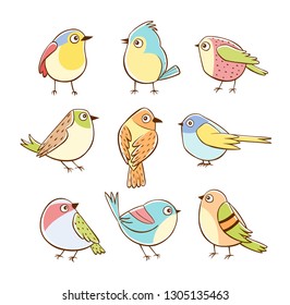 Collection of cute little birds in different poses. Colorful birds isolated on white background. Hand drawn vector illustration.