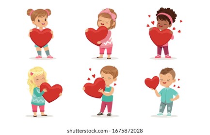 Collection of Cute little Boys and Girls Holding Red Hearts, Happy Kids Celebrating Valentine s Day Vector Illustration