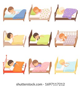 Collection of Cute Little Boys and Girls Sleeping Sweetly in their Beds under Blankets Vector Illustration