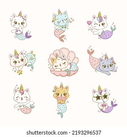 Collection cute little cat mermaids illustrations  Fantastic creatures cartoon characters for baby clothes  cards  shirt prints  posters    