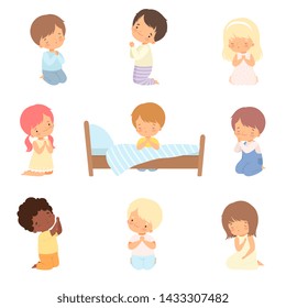 Collection of Cute Little Children Characters Kneeling and Praying Cartoon Vector Illustration