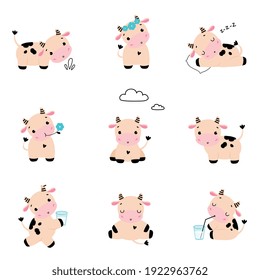 Collection of Cute Little Cow in Various Action, Adorable Funny Farm Animal Cartoon Character Vector Illustration