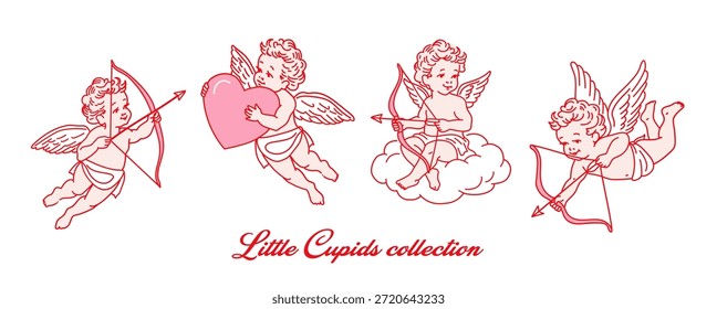 Coleção de pequenos cupidos bonitos em diferentes poses com arco e seta, grande coração nas mãos, mão desenhada em estilo retro, para o Dia dos Namorados ou design de casamento, conceito de amor. Cupidos isolados no branco.