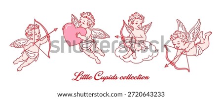 Collection of cute little cupids in different poses with bow and arrow, big heart in hands, hand drawn in retro style, for Valentine's Day or wedding design, love concept. Cupids isolated on white.
