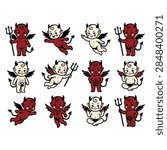 A collection of cute little devil characters in vintage cartoon style