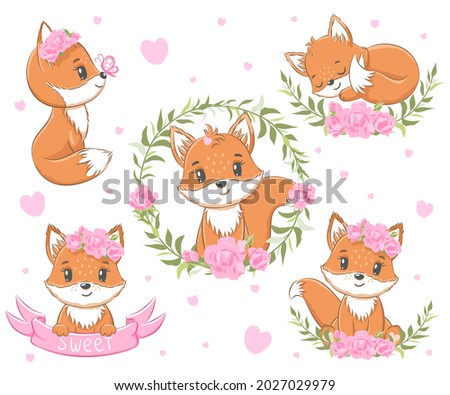 A collection of cute little foxes, decorated with ribbons, hearts and wreaths. Vector illustration of a cartoon.