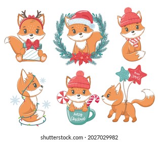 A collection of cute little foxes. New year and Merry Christmas concept. Vector illustration of a cartoon.