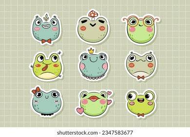 Collection of cute little froggy illustrations, frog face sticker pack