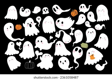 Collection of cute little ghosts with different emotions on black background. Vector illustration for Halloween.