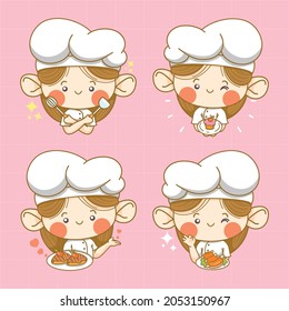 collection of cute little girl chef cartoon character and logo illustration
