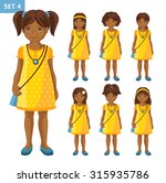 Collection of cute little girls with different hairstyles. Full-length portrait. Tanned little girl in a yellow dress. 