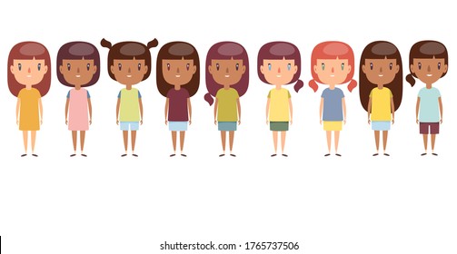 Collection of cute little girls. Full-length portrait. Smiling girls in casual clothing. Cheerful elementary school students, kindergarten, pupils, cartoon characters. Vector flat illustration.