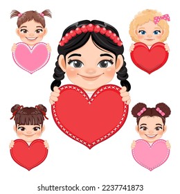 Collection of Cute little Girls Holding Red and Pink Hearts, Happy Kids Celebrating Valentine s Day Vector Illustration