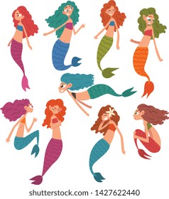 Collection of Cute Little Mermaids, Fairytale Mythical Creatures Cartoon Characters Vector Illustration